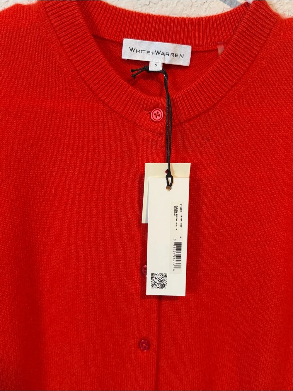 White + Warren 100% Cashmere Short-Sleeve Cardigan in Color Desert Red NWT - Picture 4 of 5